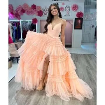 Glitter Tulle Tiered Plus Size Hot Pink Prom Dresses for Women Puffy Princess Evening Ball Gown with Slit Size 22W
