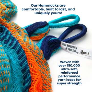 Handwoven Hammock by Yellow Leaf Hammocks - Double Size, Fits 1-2 PPL, 400lb max - Weathersafe, Super Strong, Easy to Hang, Ultra Soft, Artisan Made - Color: Blue - Orange