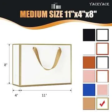 Medium Size Gift Bags, YACEYACE 10Pcs 10.5"x 4"x8" Gift Bags Bulk White Gift Bags with Ribbon Handles Gold Frame Paper Gift Bags, Gift Wrap Bags for Boutique, Party, Retail, Birthday, Baby Shower