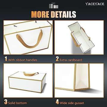 Medium Size Gift Bags, YACEYACE 10Pcs 10.5"x 4"x8" Gift Bags Bulk White Gift Bags with Ribbon Handles Gold Frame Paper Gift Bags, Gift Wrap Bags for Boutique, Party, Retail, Birthday, Baby Shower