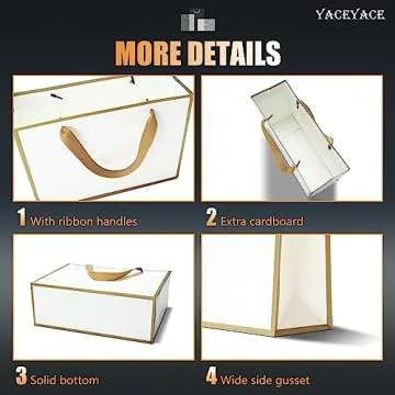 Medium Size Gift Bags, YACEYACE 10Pcs 10.5"x 4"x8" Gift Bags Bulk White Gift Bags with Ribbon Handles Gold Frame Paper Gift Bags, Gift Wrap Bags for Boutique, Party, Retail, Birthday, Baby Shower