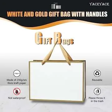 Medium Size Gift Bags, YACEYACE 10Pcs 10.5"x 4"x8" Gift Bags Bulk White Gift Bags with Ribbon Handles Gold Frame Paper Gift Bags, Gift Wrap Bags for Boutique, Party, Retail, Birthday, Baby Shower