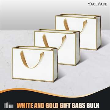 Medium Size Gift Bags, YACEYACE 10Pcs 10.5"x 4"x8" Gift Bags Bulk White Gift Bags with Ribbon Handles Gold Frame Paper Gift Bags, Gift Wrap Bags for Boutique, Party, Retail, Birthday, Baby Shower