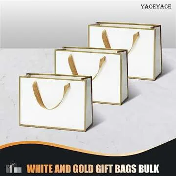 Medium Size Gift Bags, YACEYACE 10Pcs 10.5"x 4"x8" Gift Bags Bulk White Gift Bags with Ribbon Handles Gold Frame Paper Gift Bags, Gift Wrap Bags for Boutique, Party, Retail, Birthday, Baby Shower