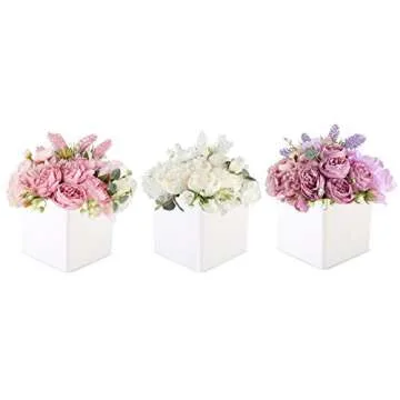 Faux Flower Arrangement in Vase - Life Like Silk Flower Bouquet set in Acrylic Square Planter - Faux Flower Set ideal for Wedding, Party, Décor – Pink Flowers for Dining Room or Kitchen (Pink - White)