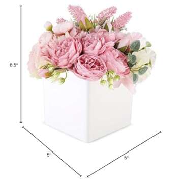 Faux Flower Arrangement in Vase - Life Like Silk Flower Bouquet set in Acrylic Square Planter - Faux Flower Set ideal for Wedding, Party, Décor – Pink Flowers for Dining Room or Kitchen (Pink - White)