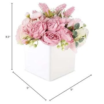 Faux Flower Arrangement in Vase - Life Like Silk Flower Bouquet set in Acrylic Square Planter - Faux Flower Set ideal for Wedding, Party, Décor – Pink Flowers for Dining Room or Kitchen (Pink - White)