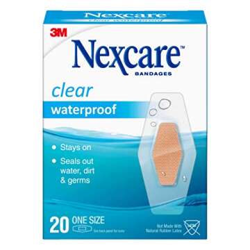 Nexcare Waterproof Bandages, Stays on in the Pool, Holds for 12 Hours, Clear Bandages for Fingers and Elbows - 20 Pack Waterproof Bandages