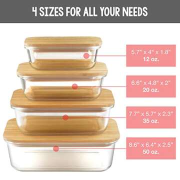 Bovado Set of 4 Rectangular Glass Food Storage Containers (12 oz + 20 oz + 35 oz +50 oz) with Eco-Fr...