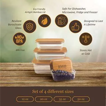 Bovado Set of 4 Rectangular Glass Food Storage Containers (12 oz + 20 oz + 35 oz +50 oz) with Eco-Friendly Bamboo Lids | 4 Bento Boxes for Meal Prep, Leftovers, Baking, Cooking & Lunch | BPA-Free
