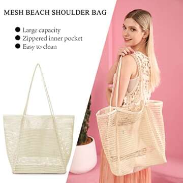 Iioscre Mesh Beach Tote Bags for Womens, Causal Beach Hobo Bags for Beach Swimming Pools Vacations Beach Essentials