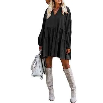 FANCYINN Women's Long Lantern Sleeve Babydoll Dress
