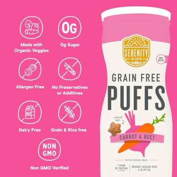 Serenity Kids 6+ Month Grain-Free Puffs Toddler & Baby Snack - No Added Sugar - Gluten & Rice Free - BPA & Allergen Friendly w/Organic Cassava, Veggies & Herbs - Carrot & Beet - 6 Count