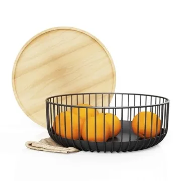 LIBKEN Fruit Basket with Wooden Bamboo Lid - Stylish and Functional Kitchen Accessory