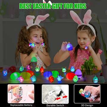 FLY2SKY Easter Eggs, 25P Easter Eggs + 25 LED Light Up Rings 3D Easter Basket Stuffers Glow In the Dark Easter Egg Fillers Easter Party Favors Easter toys Gift Easter Hunt for Kids Girls Boys