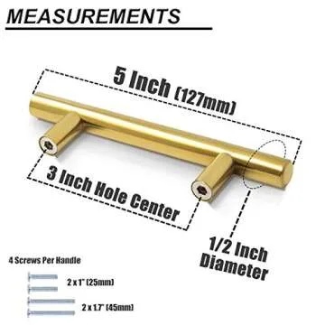 Probrico (10 Pack 3" Hole Centers Cabinet Pulls Euro Bar Cabinet Hardware, Gold Kitchen Bathroom Cabinet Handles Modern T Bar Dresser Pull Drawer Handles, 5 Inch Overall Length