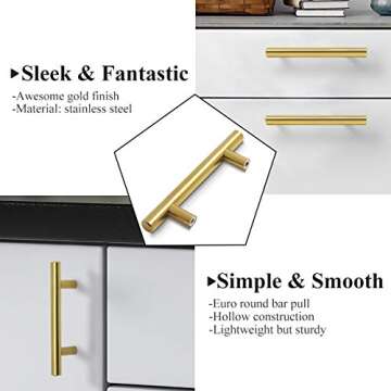 Probrico (10 Pack 3" Hole Centers Cabinet Pulls Euro Bar Cabinet Hardware, Gold Kitchen Bathroom Cabinet Handles Modern T Bar Dresser Pull Drawer Handles, 5 Inch Overall Length