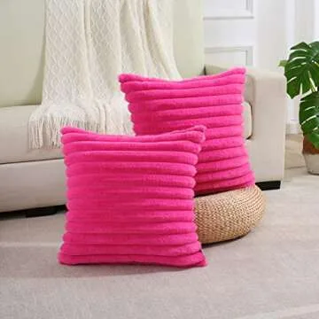 FUTEI Hot Pink Striped Decorative Throw Pillow Covers 18x18 Inch Set of 2,Square Spring Decorations Couch Pillow Case,Soft Cozy Faux Rabbit Fur & Velvet Back,Modern Home Decor for Bed