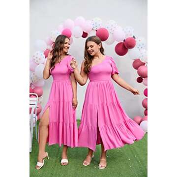 ZESICA Women's Boho Summer One Shoulder Short Sleeve Smocked Side Split Ruffle Swing Midi Dress Rose Pink S