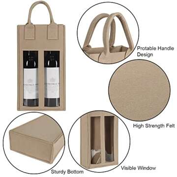 Shintop Double Wine Bag with Window, Felt Bottle Gift Bag with Handle Reusable Wine Tote Carrier for Party Favors Travel, Camping(1pc, beige)