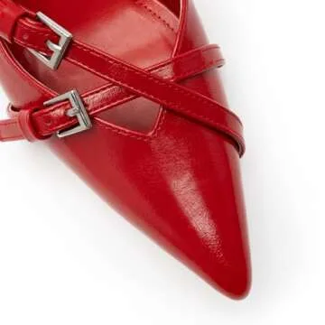 Red Kitten Heels for Women Pointed Toe Slingback Heels Closed Toe Low Heel Wedding Dress Pumps with Buckles 5