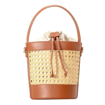 Avilego Rattan Bag for Women Straw Tote Bucket Bag PU Leather Summer Beach Bag Holiday Purses