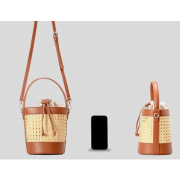 Avilego Rattan Bag for Women Straw Tote Bucket Bag PU Leather Summer Beach Bag Holiday Purses