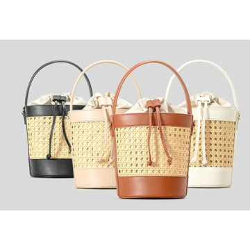Avilego Rattan Bag for Women Straw Tote Bucket Bag PU Leather Summer Beach Bag Holiday Purses