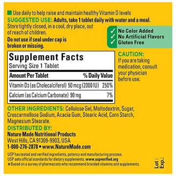 Nature Made Vitamin D3 2000 IU (50 mcg), Dietary Supplement for Bone, Teeth, Muscle and Immune Health Support, 100 Tablets, 100 Day Supply
