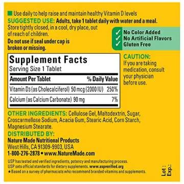 Nature Made Vitamin D3 2000 IU (50 mcg), Dietary Supplement for Bone, Teeth, Muscle and Immune Health Support, 100 Tablets, 100 Day Supply