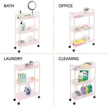 mDesign Steel Rolling Utility Cart Storage Organizer Trolley with 3 Basket Shelves for Laundry Room, Mudroom, Garage, Bathroom Organization - Holds Detergents, Hand Soap - Biro Collection, Light Pink
