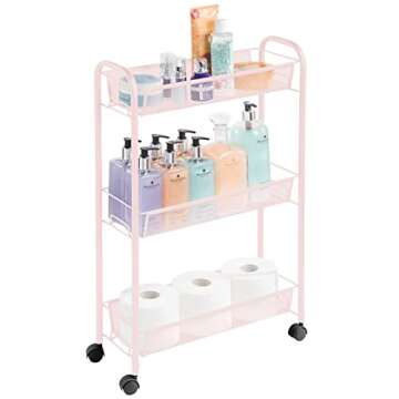 mDesign Steel Rolling Utility Cart Storage Organizer Trolley with 3 Basket Shelves for Laundry Room, Mudroom, Garage, Bathroom Organization - Holds Detergents, Hand Soap - Biro Collection, Light Pink