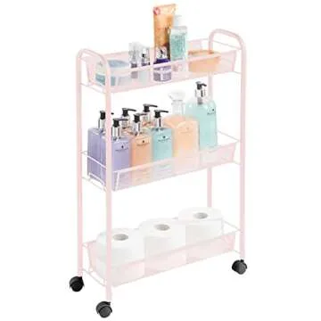 mDesign Steel Rolling Utility Cart Storage Organizer Trolley with 3 Basket Shelves for Laundry Room, Mudroom, Garage, Bathroom Organization - Holds Detergents, Hand Soap - Biro Collection, Light Pink