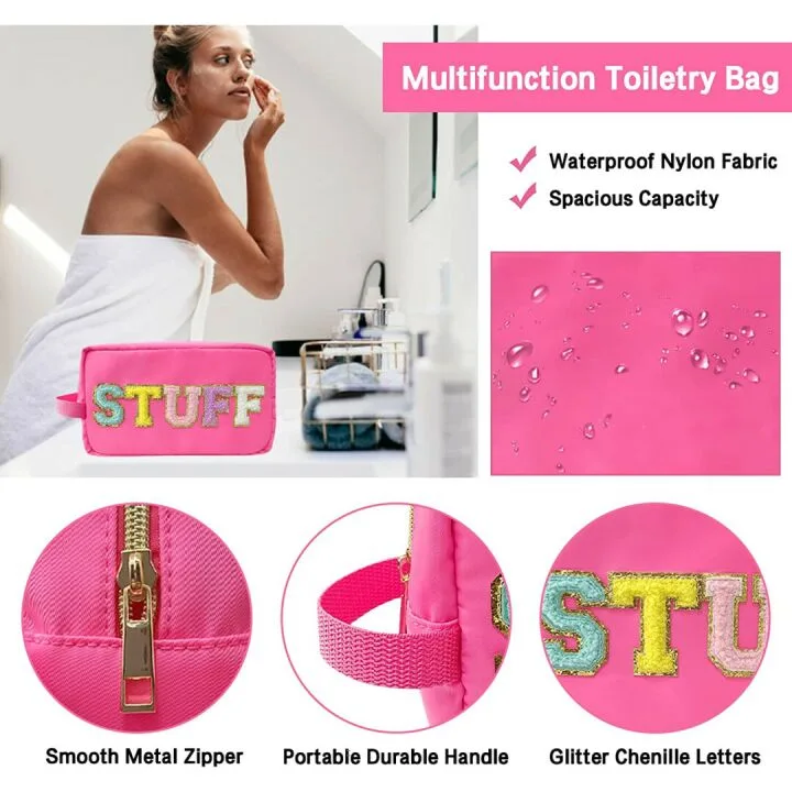 Preppy Chenille Patch Makeup Bag - Waterproof Organizer