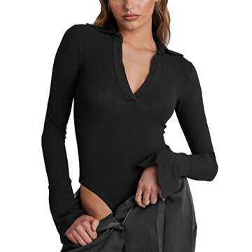 Merzhiiry Womens Black Sexy Deep V Neck Polo T Shirt Long Sleeve Bodysuit Tops for women Turn Collar...