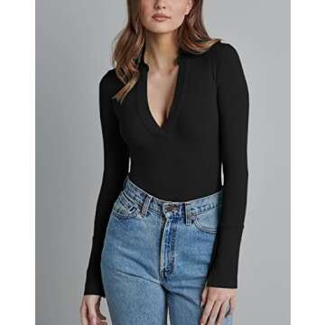 Merzhiiry Womens Black Sexy Deep V Neck Polo T Shirt Long Sleeve Bodysuit Tops for women Turn Collar Ribbed One Piece Bodycon Body Suits Women Clothing Casual Control Thong Leotard L