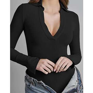 Merzhiiry Womens Black Sexy Deep V Neck Polo T Shirt Long Sleeve Bodysuit Tops for women Turn Collar Ribbed One Piece Bodycon Body Suits Women Clothing Casual Control Thong Leotard L