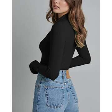 Merzhiiry Womens Black Sexy Deep V Neck Polo T Shirt Long Sleeve Bodysuit Tops for women Turn Collar Ribbed One Piece Bodycon Body Suits Women Clothing Casual Control Thong Leotard L