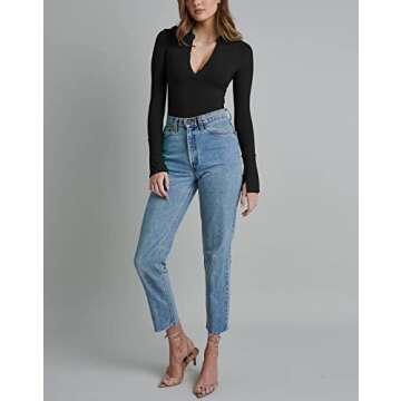 Merzhiiry Womens Black Sexy Deep V Neck Polo T Shirt Long Sleeve Bodysuit Tops for women Turn Collar Ribbed One Piece Bodycon Body Suits Women Clothing Casual Control Thong Leotard L