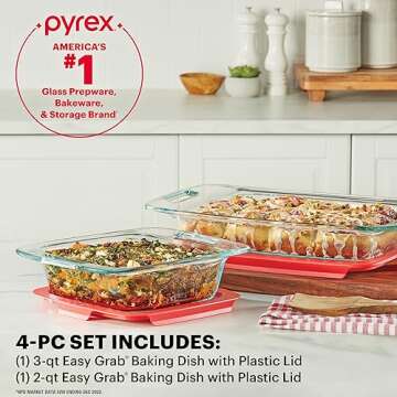 Pyrex 4-Piece Extra Large Glass Baking Dish Set With Lids and Handles, Oven and Freezer Safe