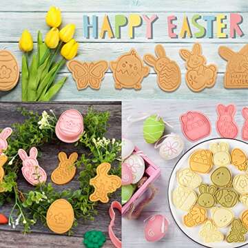 16 Pieces Easter Cookie Cutters 3D Embossing Cookie Stamper Plastic Biscuit Stamper Rabbit Bunny Egg Butterfly Flower Basket Stamps for DIY Cake Baking Supplies