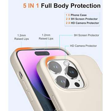Cousper [5 in 1 Compatible with iPhone 14 Pro Max Case, with 2 Pack Screen Protector + 2 Pack Camera Lens Protector, Silicone Shock-Proof Phone Case [Anti-Scratch Microfiber Lining], White Stone
