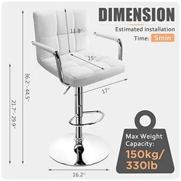 Huracan Bar Stools Set of 2 White Bar Chairs with Arms Swivel Counter Height Stools Adjustable Bar Stool with Back Bar Chair Armrest Modern Island Chairs for Kitchen 360 Degree (Silver/White, 2pcs)