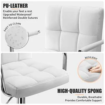 Huracan Bar Stools Set of 2 White Bar Chairs with Arms Swivel Counter Height Stools Adjustable Bar Stool with Back Bar Chair Armrest Modern Island Chairs for Kitchen 360 Degree (Silver/White, 2pcs)