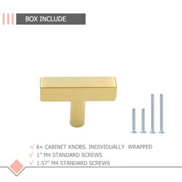 LONTAN 6 Pack Kitchen Cabinet knobs Gold knobs Square Brushed Brass Cabinet Hardware for Bathroom Brushed Gold Handles for cabinets and Drawers