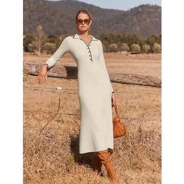 MEROKEETY Women's Long Sleeve V Neck Sweater Dress Button Ribbed Knit Slim Fit Elegant Maxi Dresses, Beige, S