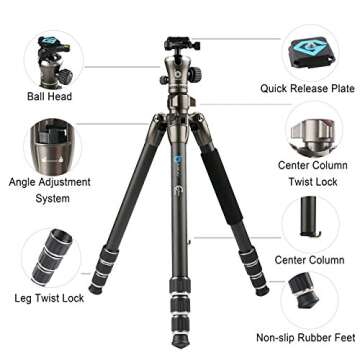 BONFOTO B671C Carbon Fiber Lightweight Portable Camera Travel Tripod with Ball Head, Two Levels and Carrying Bag for DSLR, Bronze Grey