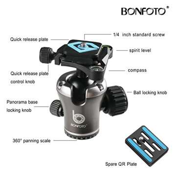BONFOTO B671C Carbon Fiber Lightweight Portable Camera Travel Tripod with Ball Head, Two Levels and Carrying Bag for DSLR, Bronze Grey
