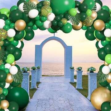 Amandir 163Pcs Jungle Party Balloons Garland Arch Kit, Gold Green Balloons Dinosaur Party Decoration with Palm Leaves for Safari Animal Wild One Birthday Baby Shower St Patricks Day Party Supplies
