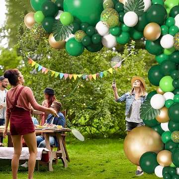 Amandir 163Pcs Jungle Party Balloons Garland Arch Kit, Gold Green Balloons Dinosaur Party Decoration with Palm Leaves for Safari Animal Wild One Birthday Baby Shower St Patricks Day Party Supplies